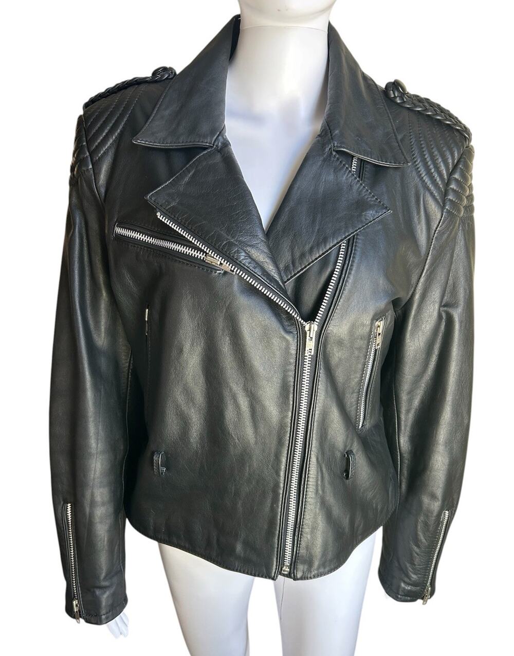 Vintage Bermans Black Leather Moto Jacket Womens 16 Biker Quilted Motorcycle